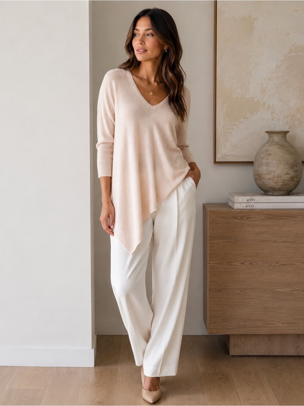 Joie ($400) Wool Cashmere Blend Asymmetrical V Neck Sweater Blush Sz L AS IS